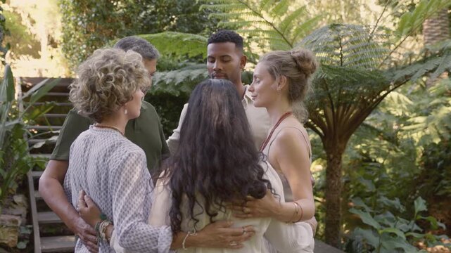 People hugs in circle with solidarity and gratitude 