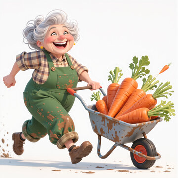 Confident elderly woman gardener pushing wheelbarrow overflowing with gigantic carrots on white background with comedic pride and jubilant smile.