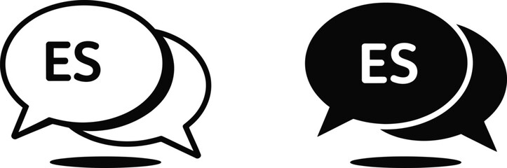 Español language chat bubbles icon set featuring Spanish communication symbols, translation, messaging, and multilingual interface design elements. © Golapi