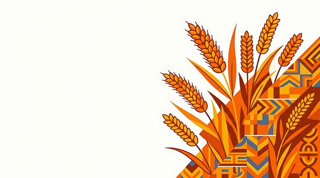Golden wheat stalks over a vibrant geometric folk pattern