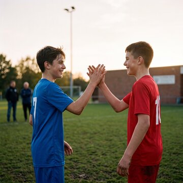 Zwei Jungen klatschen sich nach dem Fu&szlig;ballspiel ab