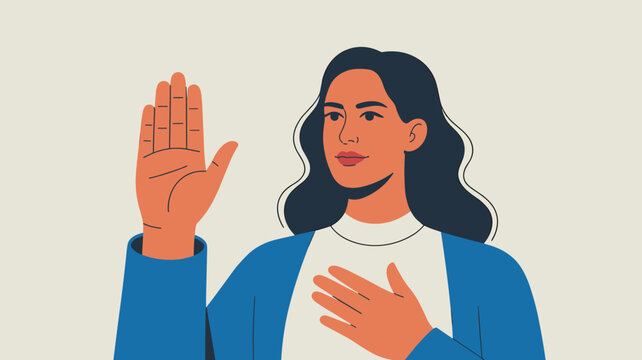 Young woman raising her hand while holding her other hand over her heart to make an honest promise or take a solemn oath.