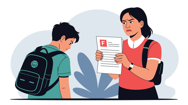Angry mother holding an exam paper with an F grade and scolding her disappointed son who is wearing a backpack.