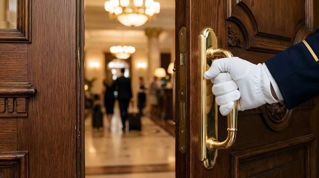 Security guard opening hotel door for guests. Professional concierge assisting visitors with polished brass handle in luxury lobby.