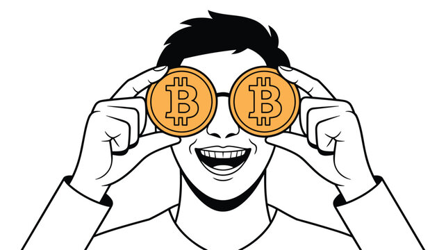 Happy man holding two orange colored bitcoin coins over his eyes like glasses in black and white line art.