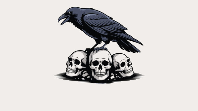 Dark gothic vector illustration of a black raven perched on top of three human skulls against a light background.