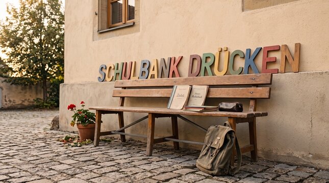 Leere Schulbank mit Schriftzug Schulbank dr&uuml;cken in Untersicht