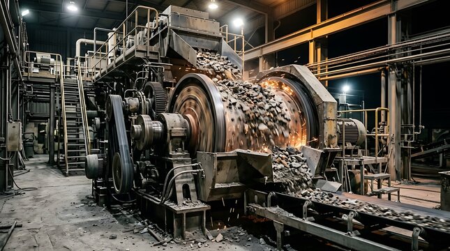 Industrial ball mill grinding ore with sparks in a processing plant