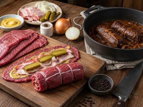 Rinderrouladen werden mit Senf, Speck, Zwiebeln und Gew&uuml;rzgurken gef&uuml;llt, gerollt und gebunden. Das Bild zeigt rohe Zutaten und geschmorte Rouladen in rustikaler deutscher K&uuml;che.