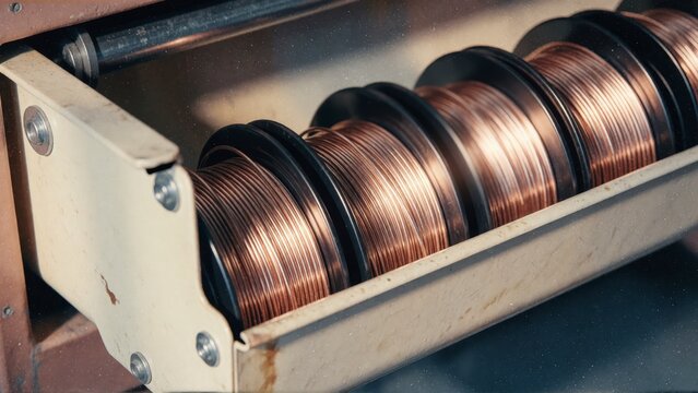 Copper wire spools in industrial machine. Metal coils for electrical manufacturing process.