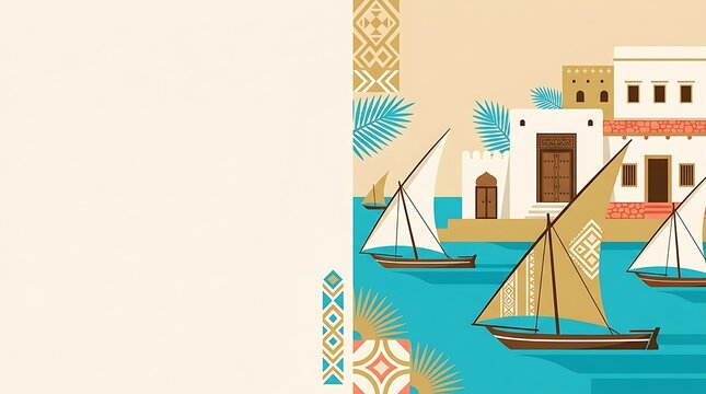 Traditional dhow sailboats at a coastal arabic town with copy space