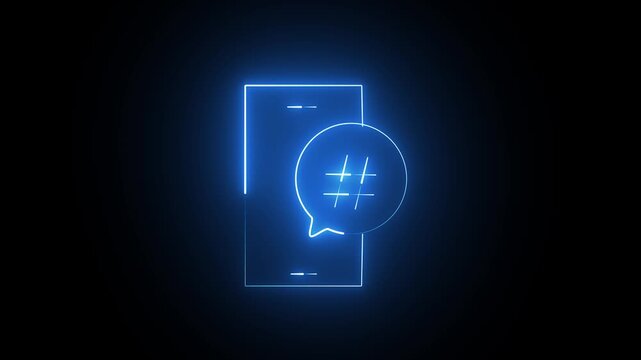 Neon blue smartphone icon with a glowing hashtag symbol inside a speech bubble on black background