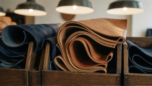 Rolls of natural leather in a workshop. Raw hide materials for artisan craft production.