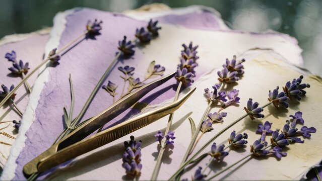 Dried lavender flowers on vintage paper. Botanical herbarium with tweezers for crafting.