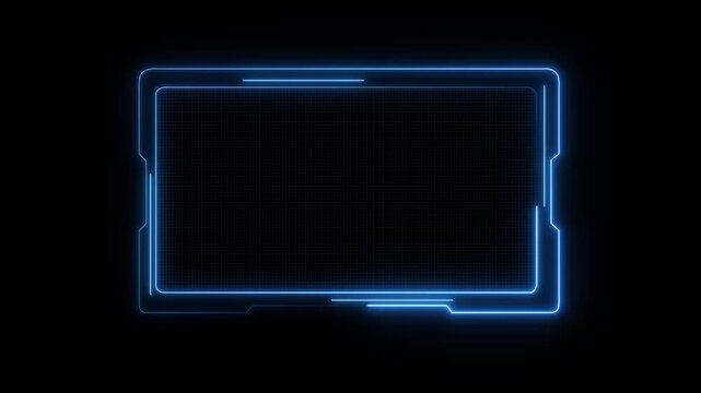 Futuristic blue HUD interface design central screen panel with a glowing hexagon grid background. neon hud ui picture frame animated.