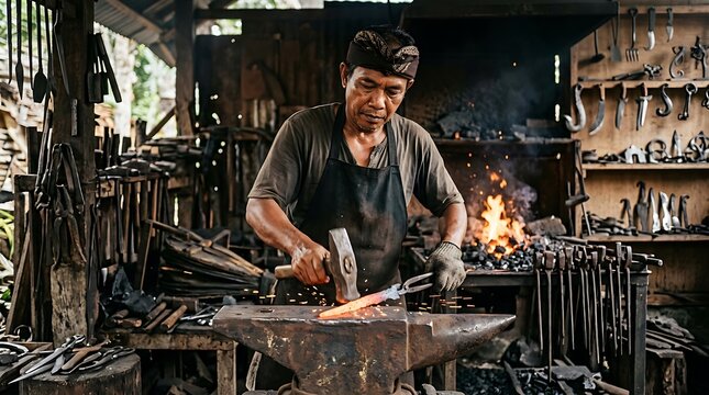Skilled blacksmith forging a blade with hammer and anvil in rustic forge