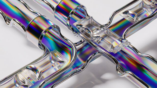 Abstract chrome pipes with rainbow refraction. Metallic liquid metal tubes with light spectrum.