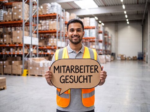 Lagerarbeiter h&auml;lt Sprechblase Mitarbeiter gesucht in Lagerhalle