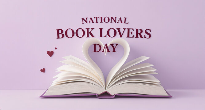 Minimalist paper art design for National Book Lovers Day featuring a heart shaped folded book on a soft purple wall background with small red hearts. Concept of literacy celebration.