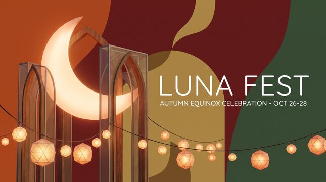 Luna Fest Autumn Equinox celebration banner with glowing crescent moon and paper lanterns. Mystical fall festival background with gothic arches and warm orange, burgundy, and dark green colors.