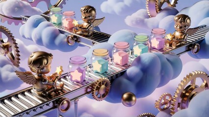 Fototapeta premium Golden cherubs on mechanical conveyor belts. Surreal 3D render of angels with glowing stars.