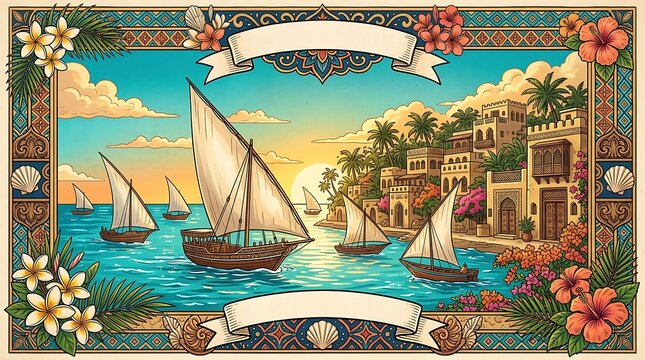 Traditional dhow boats sailing by a coastal village at sunset