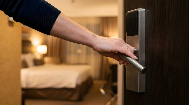 Person pushing modern door handle to enter room. Hand operating sleek metal lever for access in hotel or office setting.
