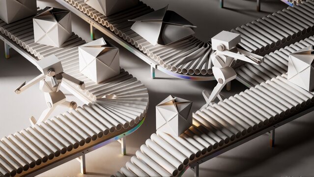 Paper robots working on a conveyor belt. Automated logistics and smart factory concept.