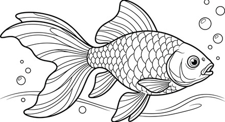 Goldfish coloring page vector illustration with water bubbles line art outline isolated on white background for kids activity © Suad Khan