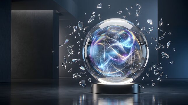 Digital disruption concept showcasing a glowing global network inside a shattered glass sphere, with broken shards flying outward.
