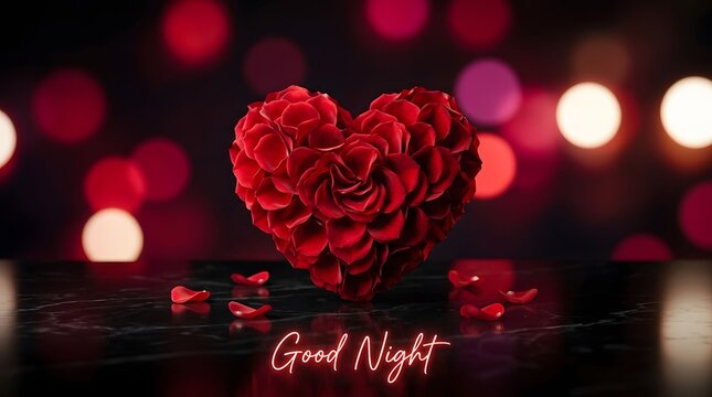 Good night message with a heart made of red roses and scattered petals on a dark background with bokeh lights.