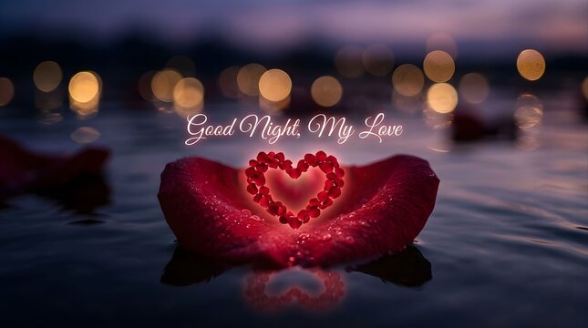 Red rose petal floating on water with heart shape of flower petals and bokeh lights on background good night my love concept.