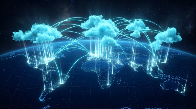 Digital illustration of earth with glowing lines connecting continents and cities showing global network and cloud technology concept.