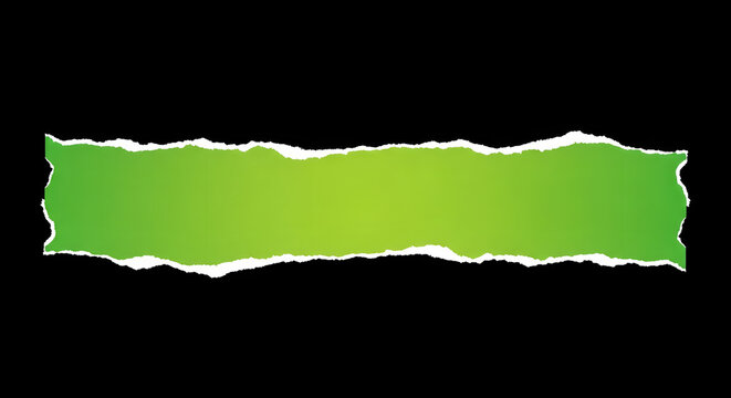 Green torn paper strip with jagged edges on a black background