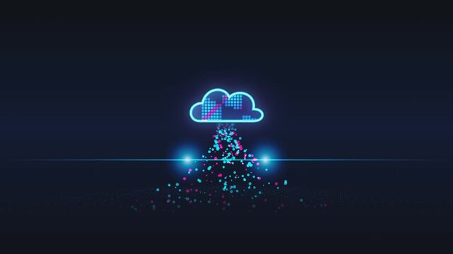 Abstract digital cloud computing icon with data particles uploading and flowing upwards on dark background.