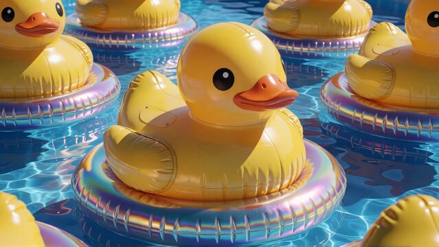 Yellow rubber ducks floating in a pool. Cute toy ducks on inflatable rings in blue water.