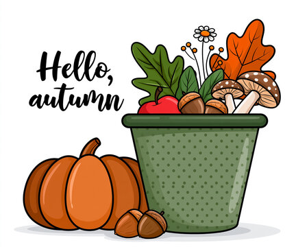 Beautiful sticker of a bucket, pumpkin, apples, mushrooms and autumn leaves isolated on white background