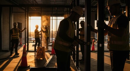 Fototapeta premium Construction Workers Building Structures During Golden Hour Sunset