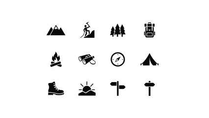 Obraz premium Minimalist black icons set with high contrast collection twelve black silhouette icons representing essential camping outdoor adventure elements against neutral background
