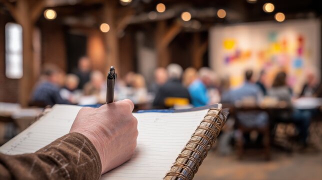 Authors hands holding a pen over notebook during a creative writing workshop with blurred participants discussing character development in the background.