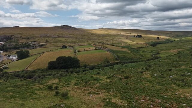 Farmland and hills above Merrivale small hamlet on Dartmoor