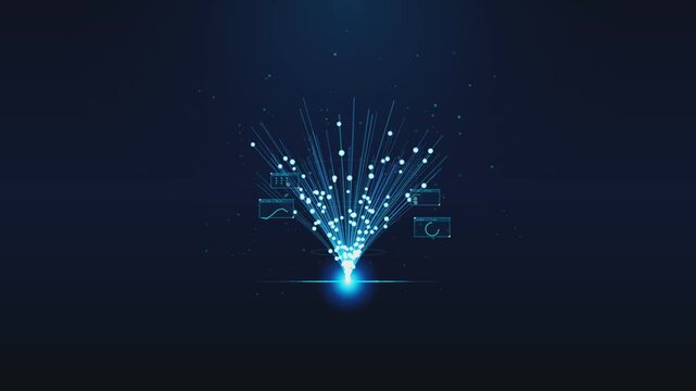Futuristic abstract digital data visualization motion graphics with glowing network nodes and interactive analytics panels on dark background.
