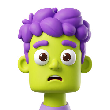 Shocked green monster character with purple hair on transparent background