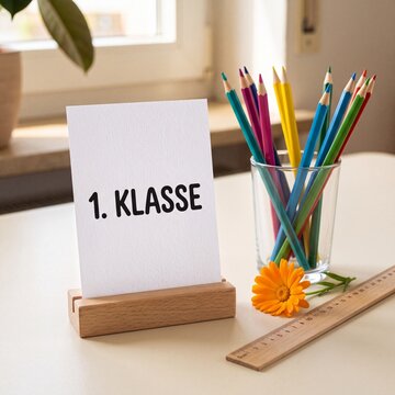 1. Klasse Karte im Holzst&auml;nder mit Buntstiften Nahaufnahme