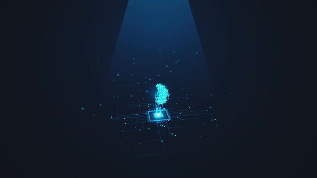Digital human brain model emerging from glowing cpu microchip in dark laboratory with blue light beams.