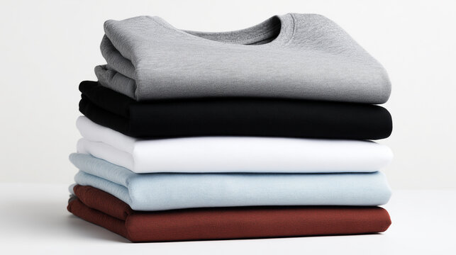 Colorful Folded Clothes Stack Isolated on White Background with Clean Cotton Laundry, T-Shirts and Textile Fabric Pile Closeup
