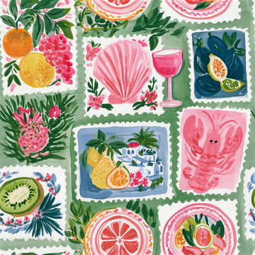 European travel themed postage stamp Seamless Pattern