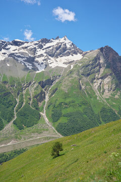 Scenic vertical landscape of high rocky mountains with snowy peaks and steep green slopes under a blue sky.