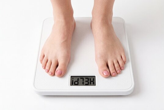 Close up of a person&rsquo;s feet standing on a white bathroom scale that displays the word HELP instead of a weight, symbolizing body image struggles, anxiety, and mental health.