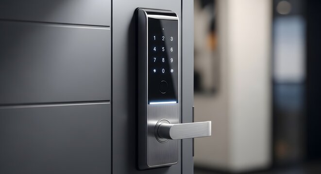 Modern smart lock with a digital keypad and brushed metal handle on a dark door